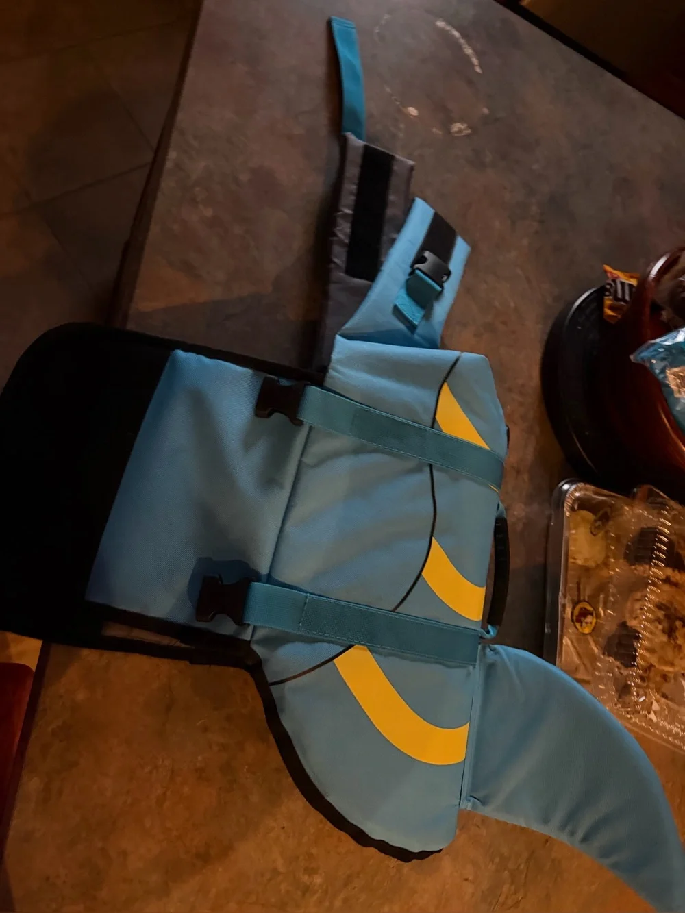 Blue and Yellow Dog Life Jacket with Black Trim